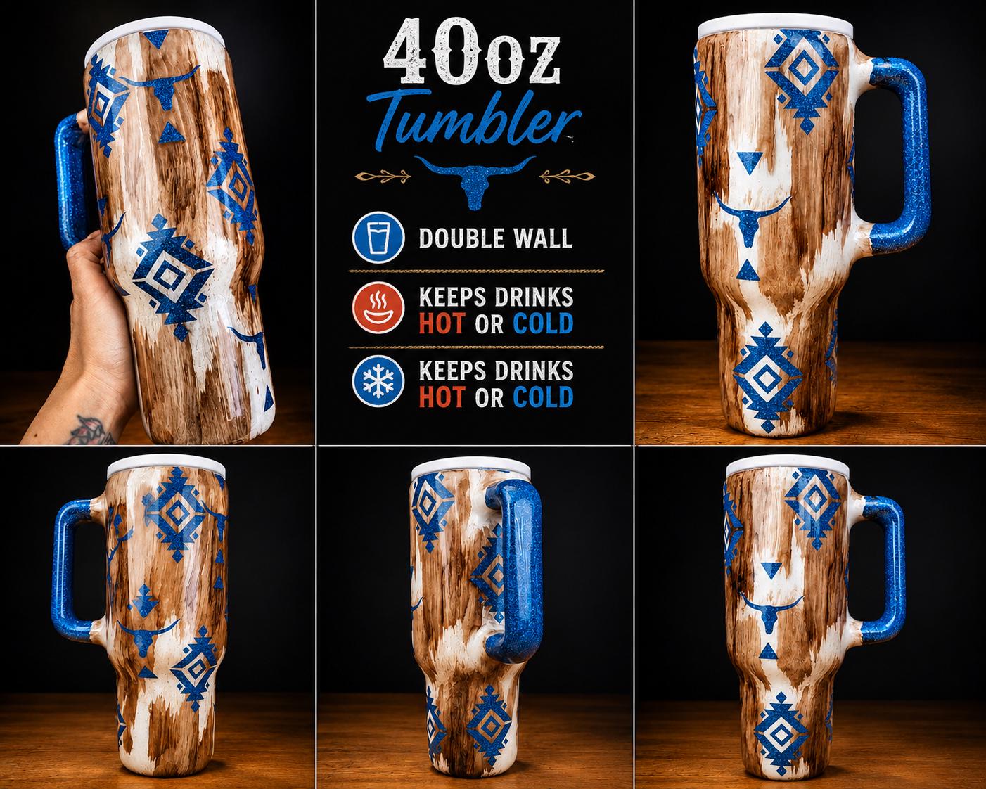 Western Cowhide Tumblers | Insulated Stainless Steel, Aztec Tribal Design