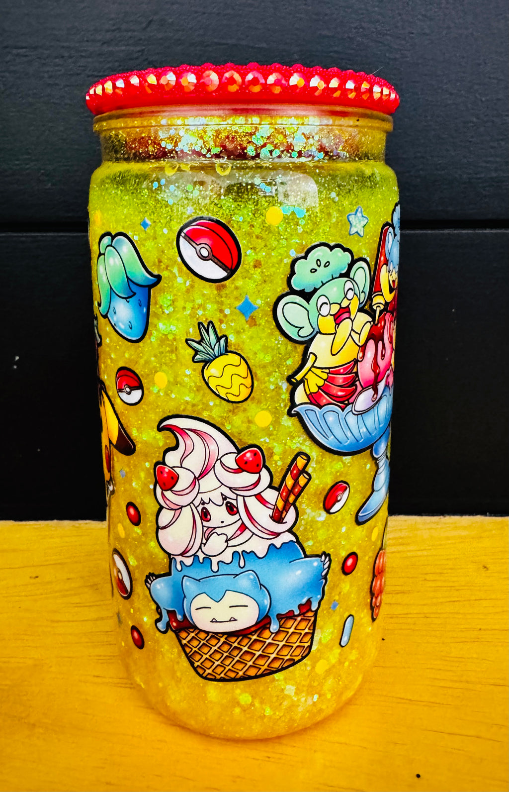 16oz Plastic Snowglobe Tumbler | Pokémon Ice Cream Glitter Cup | Valentine XOXO Glitter Cup | Handmade Snow Globe Tumbler | Custom Glitter Cup