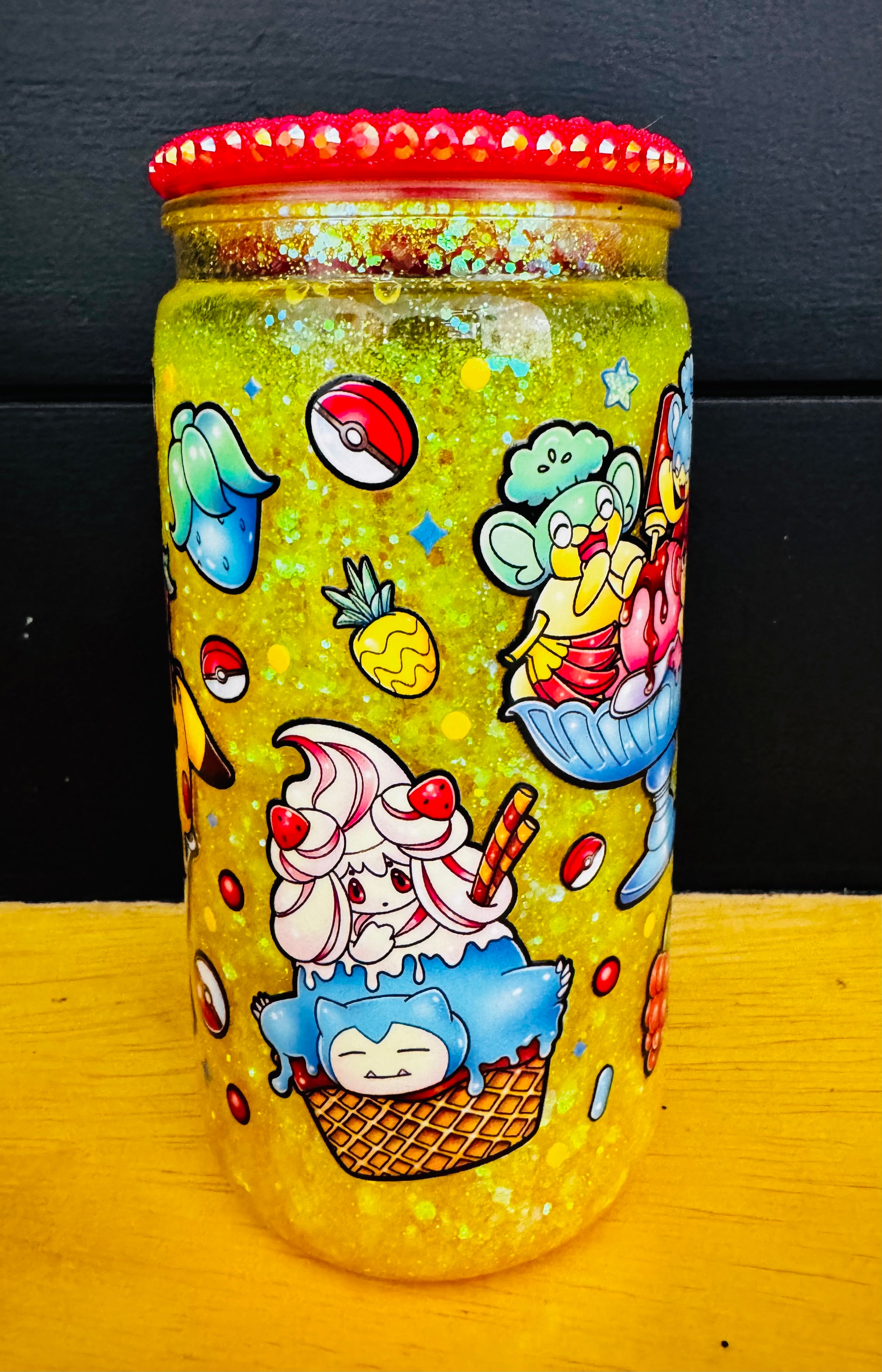16oz Plastic Snowglobe Tumbler | Pokémon Ice Cream Glitter Cup | Valentine XOXO Glitter Cup | Handmade Snow Globe Tumbler | Custom Glitter Cup
