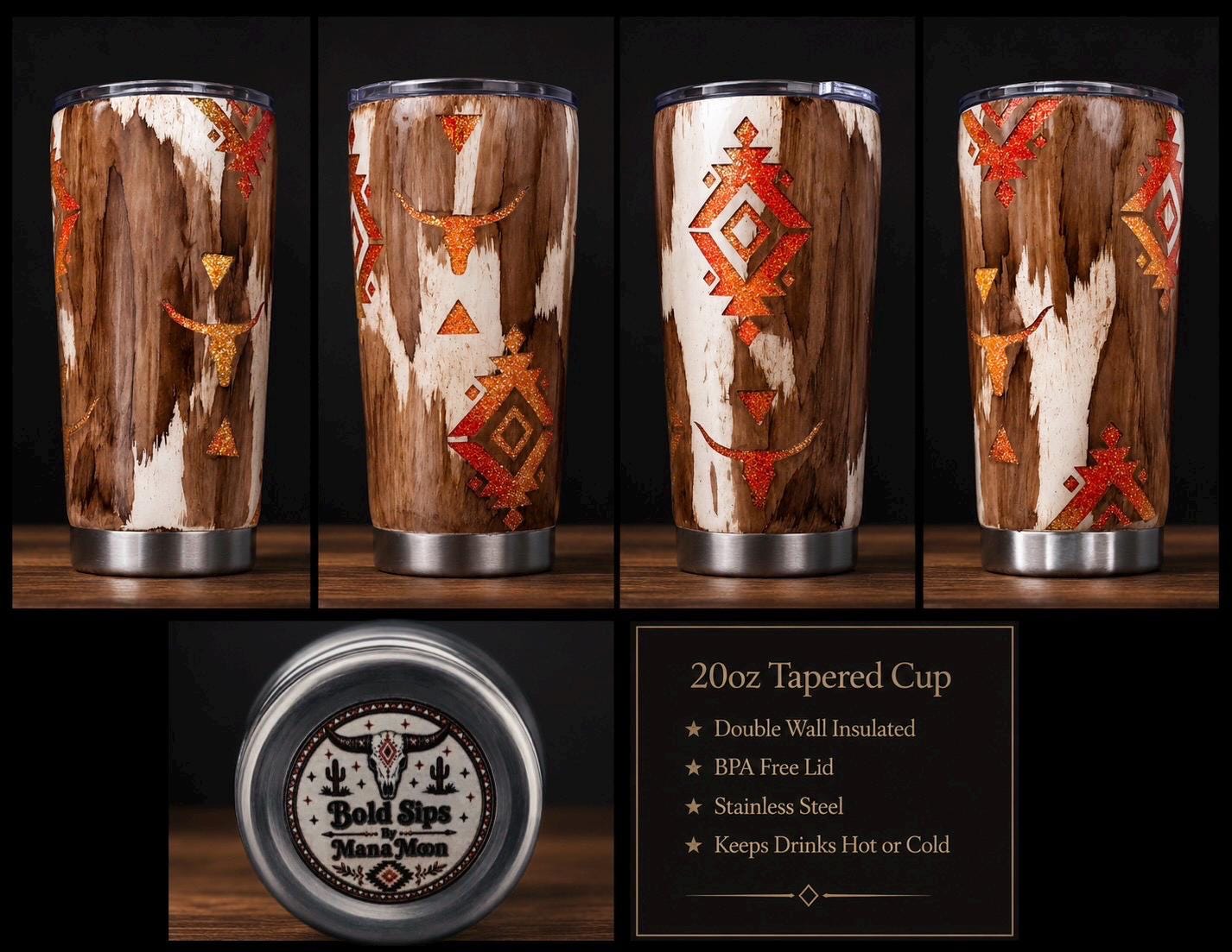 Western Cowhide Tumblers | Insulated Stainless Steel, Aztec Tribal Design