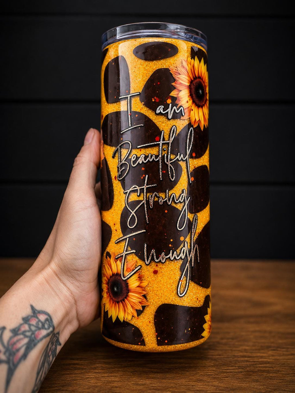 Sunflower Giraffe Print Glitter Tumbler | Inspirational Quote, Handmade Cup