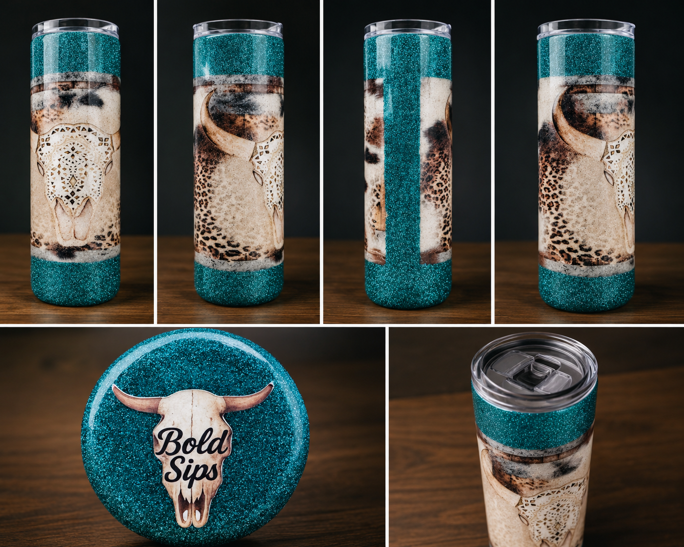 Teal Glitter Cow Skull Coaster | Western Drink Coaster | Handmade Epoxy Resin Coaster | Rustic Ranch Decor | Bold Sips Gift