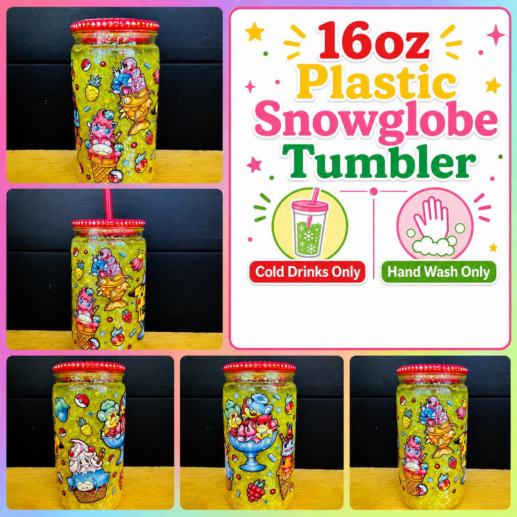 16oz Plastic Snowglobe Tumbler | Pokémon Ice Cream Glitter Cup | Valentine XOXO Glitter Cup | Handmade Snow Globe Tumbler | Custom Glitter Cup