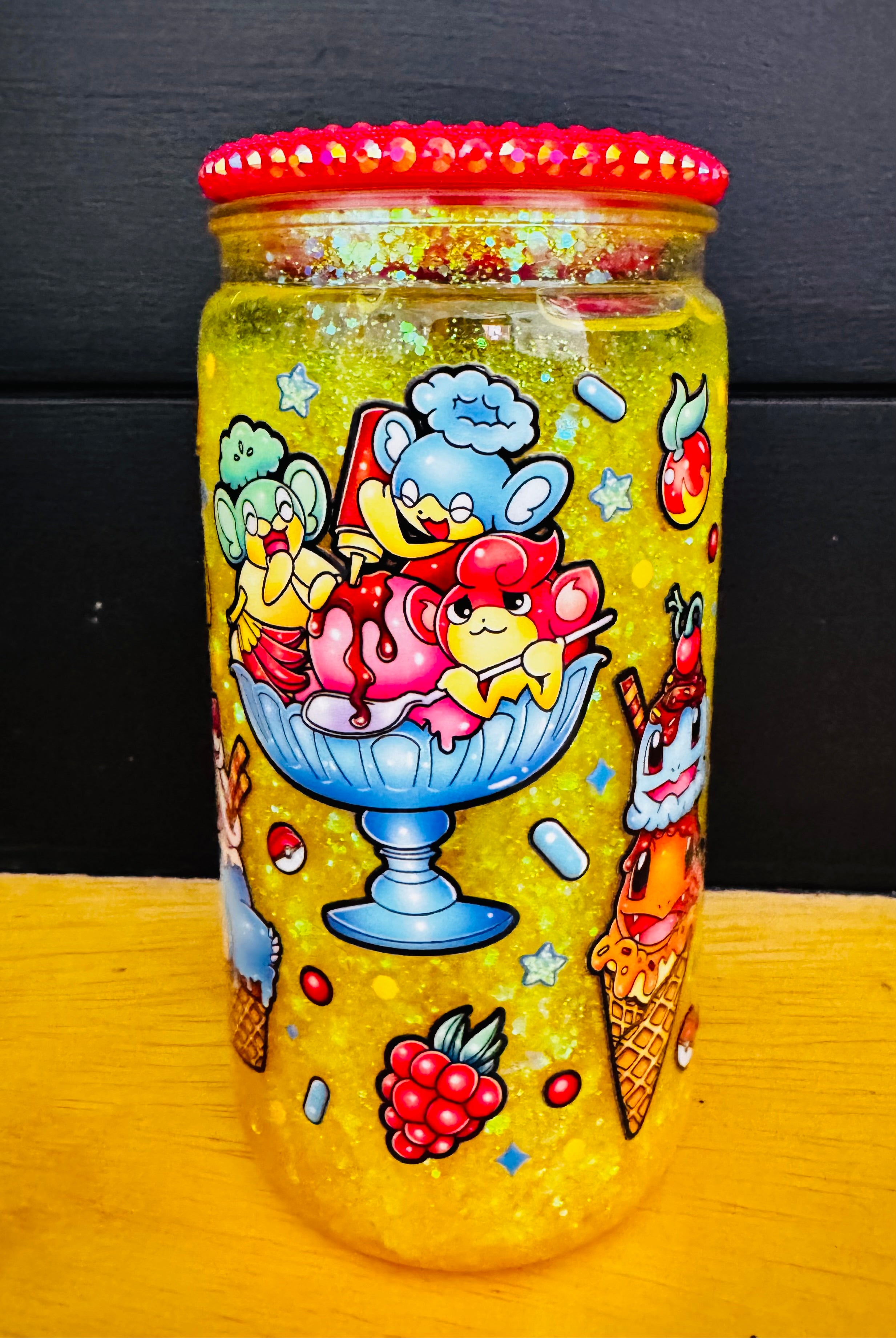 16oz Plastic Snowglobe Tumbler | Pokémon Ice Cream Glitter Cup | Valentine XOXO Glitter Cup | Handmade Snow Globe Tumbler | Custom Glitter Cup
