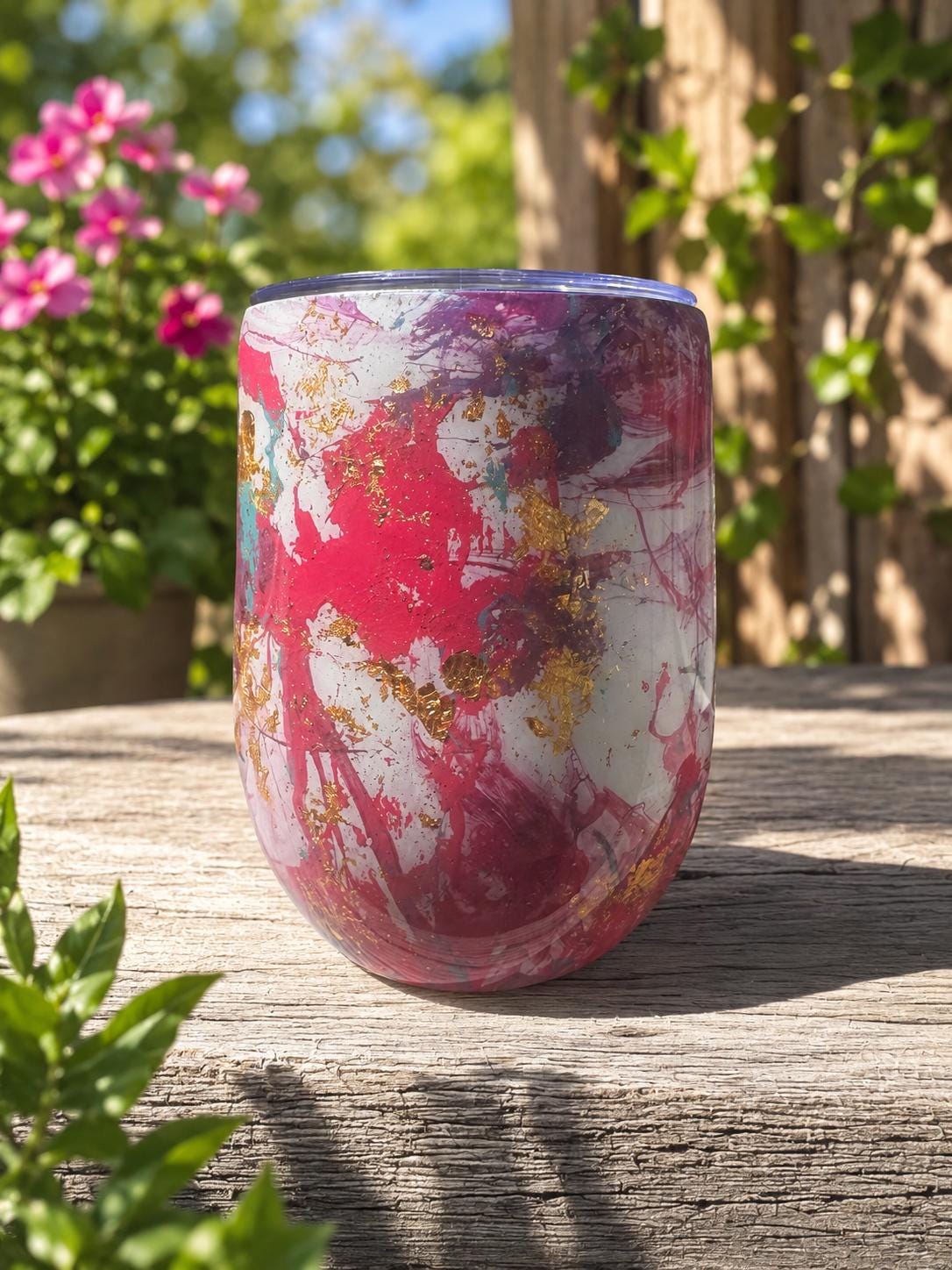 Handmade Pink Gold Marbled Hydro Dip Tumbler – 12oz Insulated Stainless Steel Wine Cup