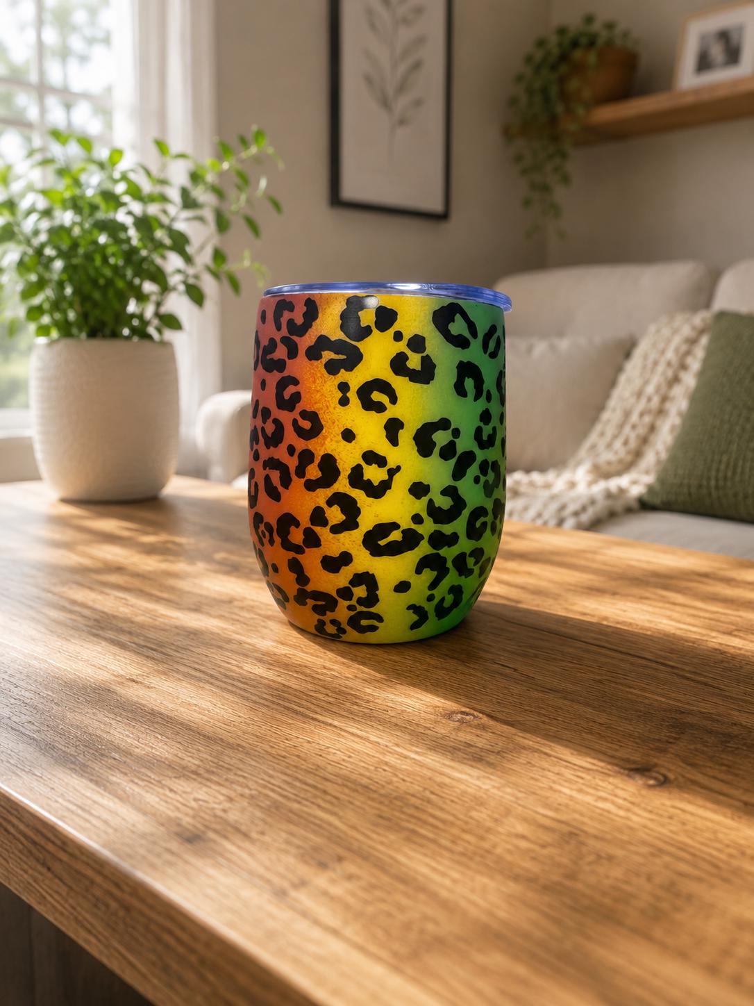 Matte Rainbow Cheetah Tumbler | 12oz Insulated Leopard Print Coffee Cup