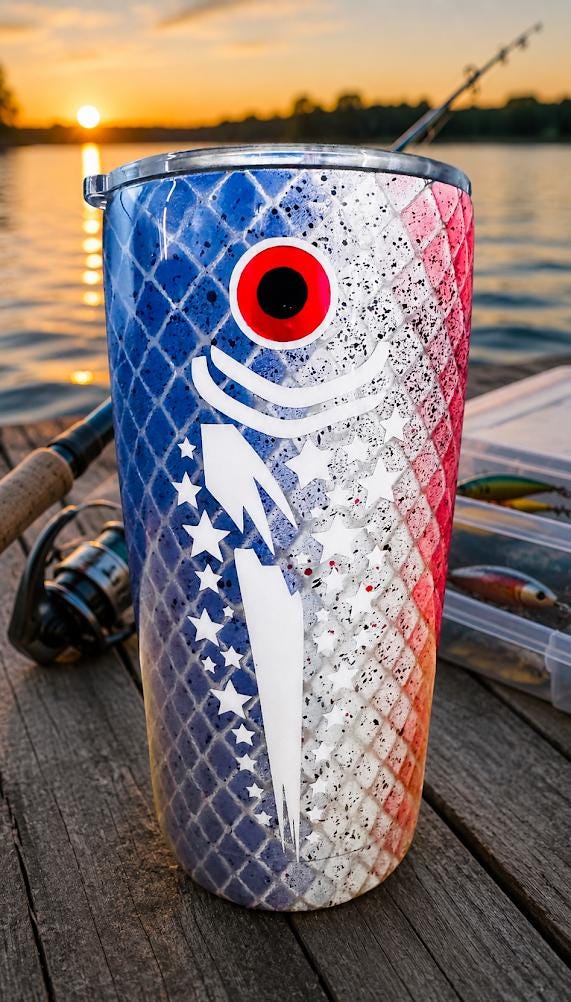 Patriotic Fish Tumbler | 20oz Red White Blue Tapered Cup | American Flag Stainless Steel Tumbler