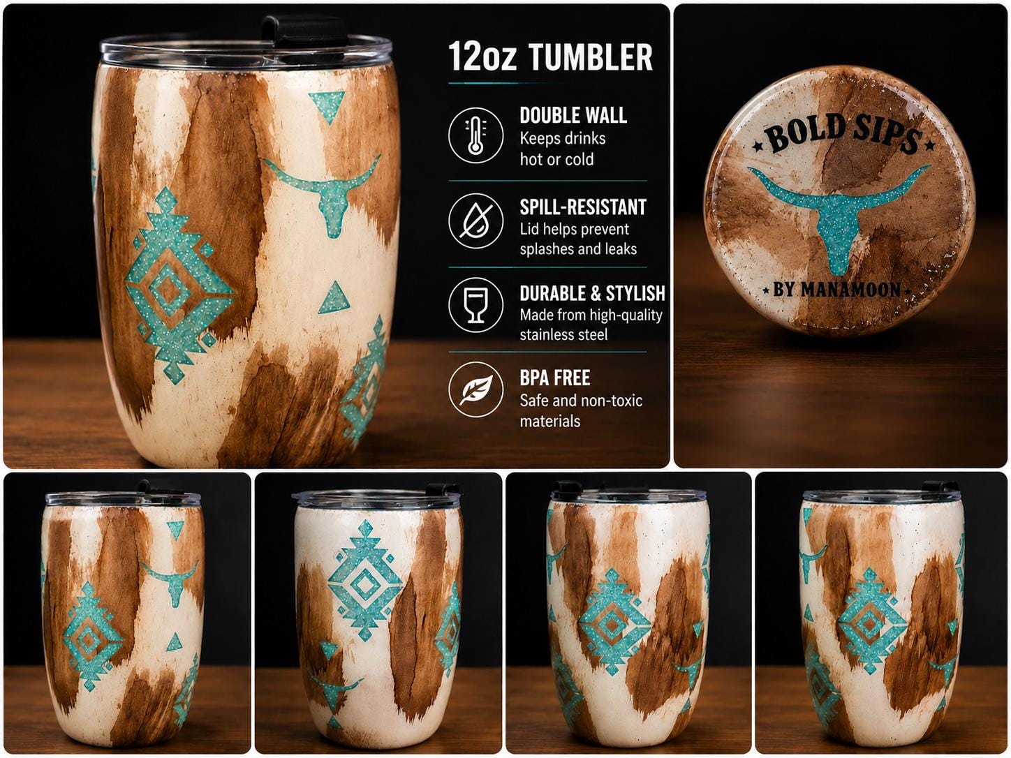 Western Cowhide Tumblers | Insulated Stainless Steel, Aztec Tribal Design