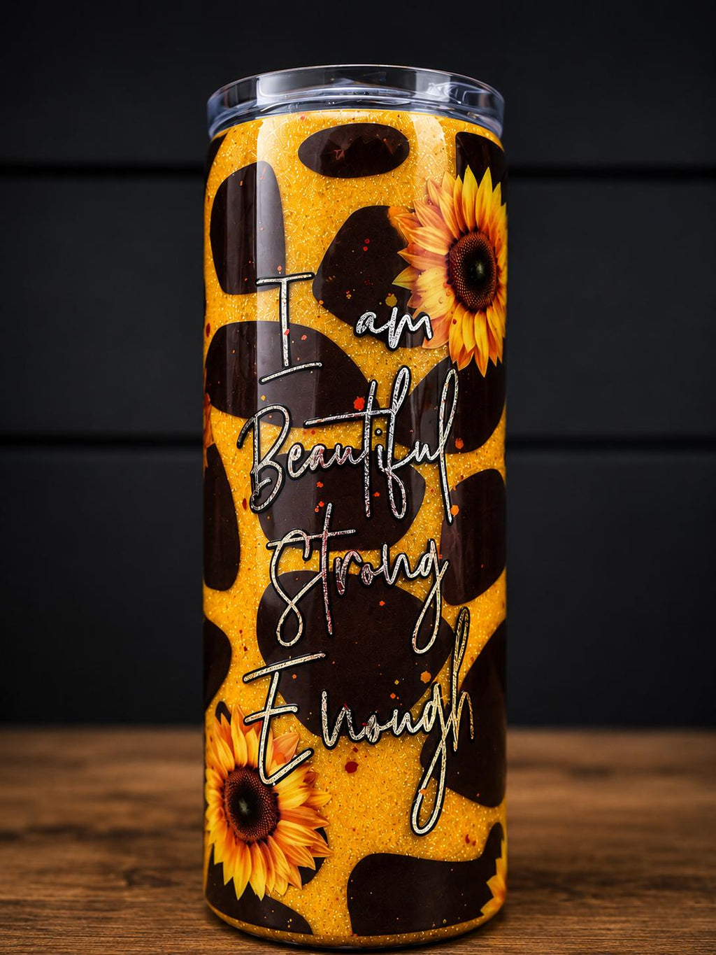 Sunflower Giraffe Print Glitter Tumbler | Inspirational Quote, Handmade Cup