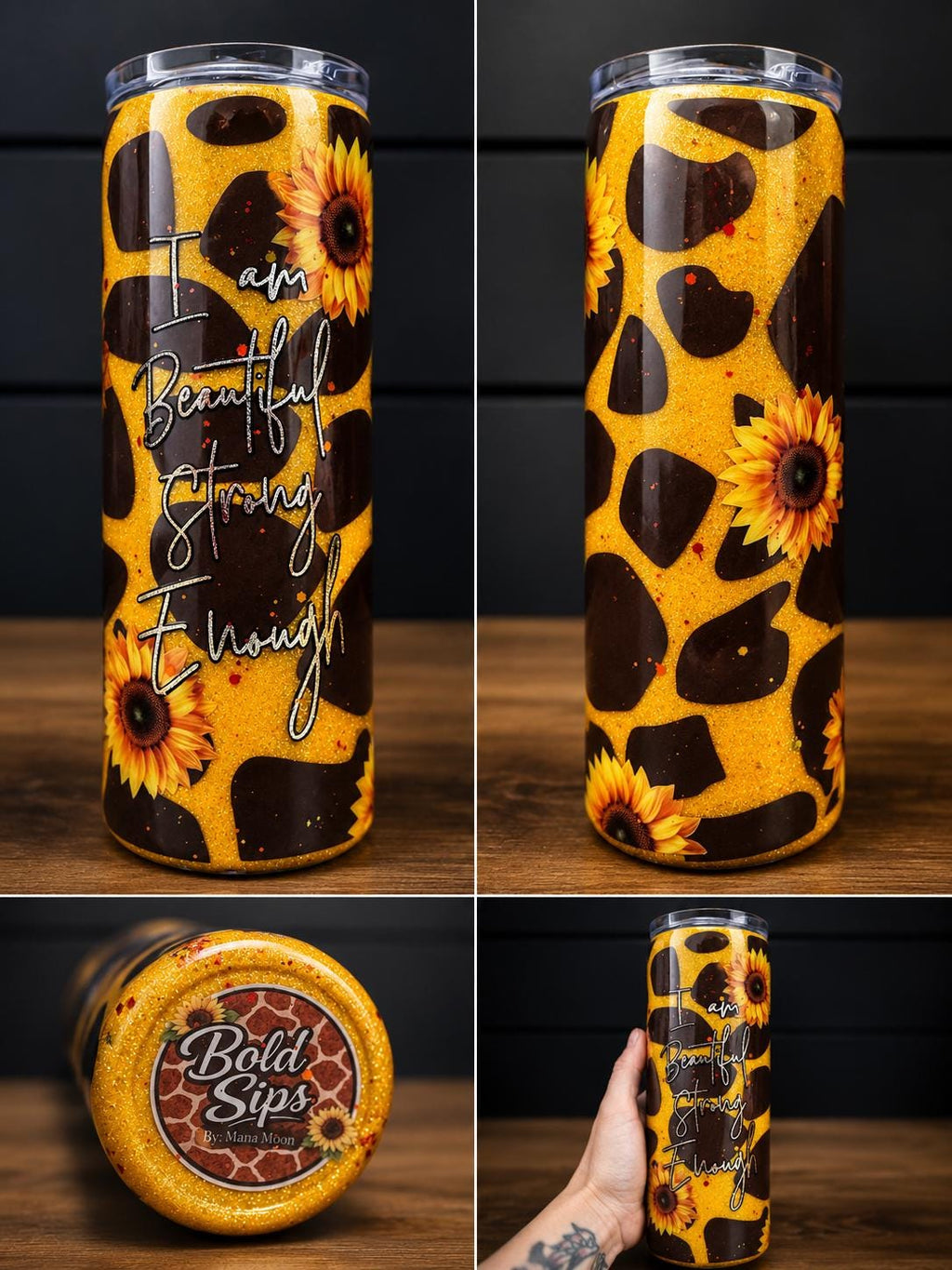 Sunflower Giraffe Print Glitter Tumbler | Inspirational Quote, Handmade Cup