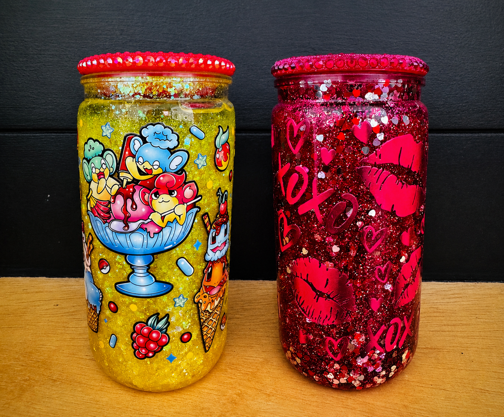 16oz Plastic Snowglobe Tumbler | Pokémon Ice Cream Glitter Cup | Valentine XOXO Glitter Cup | Handmade Snow Globe Tumbler | Custom Glitter Cup