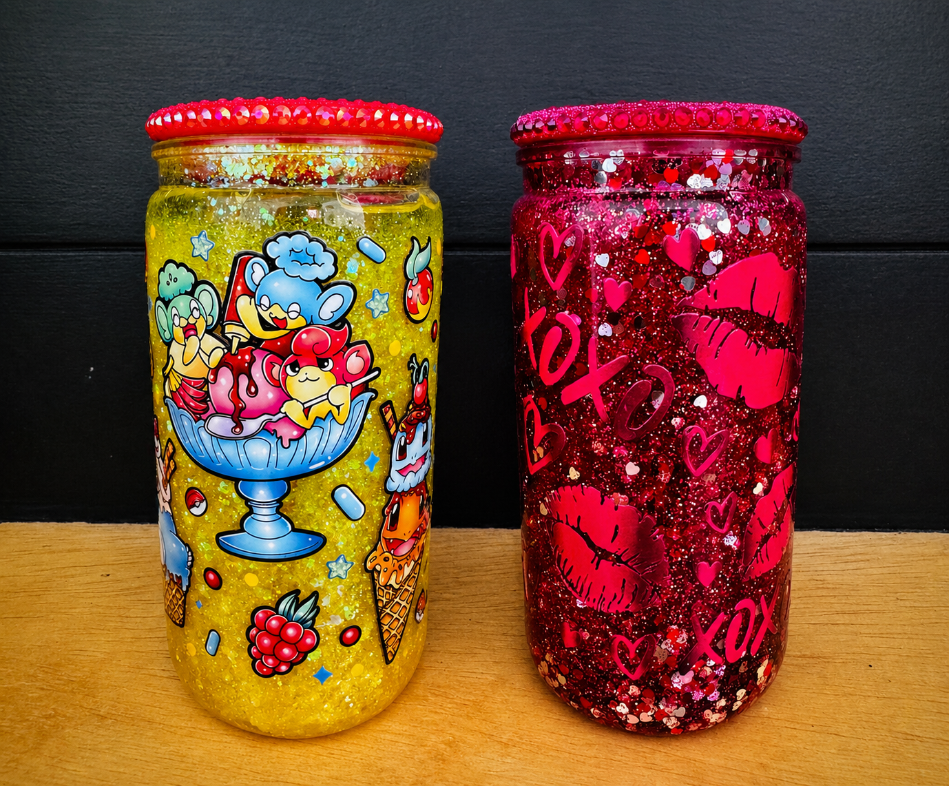 16oz Plastic Snowglobe Tumbler | Pokémon Ice Cream Glitter Cup | Valentine XOXO Glitter Cup | Handmade Snow Globe Tumbler | Custom Glitter Cup