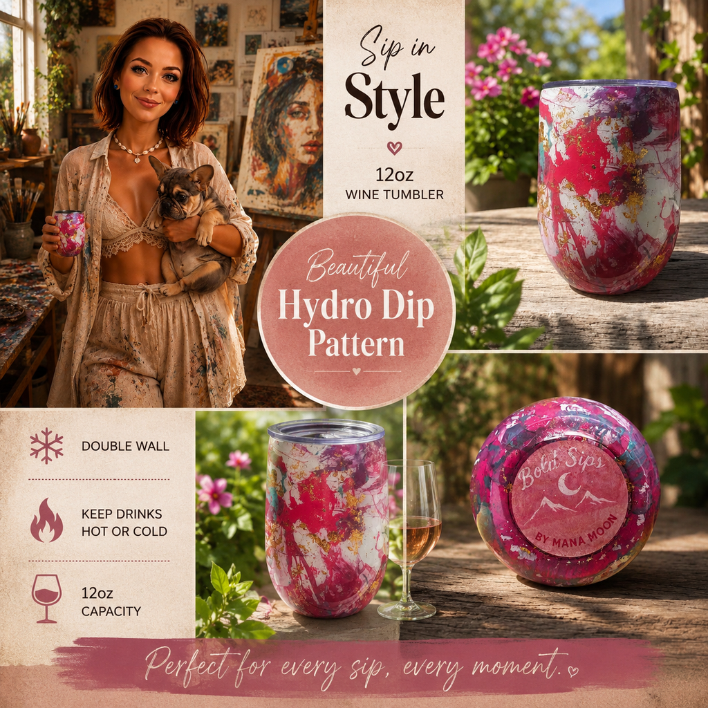 Handmade Pink Gold Marbled Hydro Dip Tumbler – 12oz Insulated Stainless Steel Wine Cup