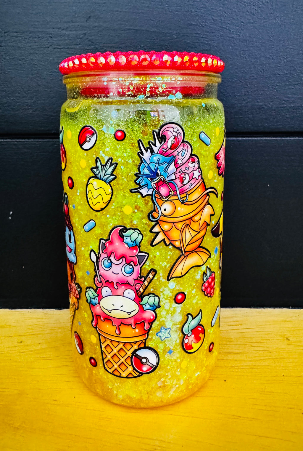 16oz Plastic Snowglobe Tumbler | Pokémon Ice Cream Glitter Cup | Valentine XOXO Glitter Cup | Handmade Snow Globe Tumbler | Custom Glitter Cup
