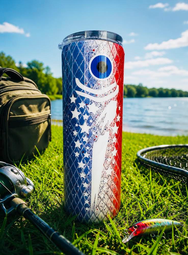Patriotic Fish Tumbler | 20oz Red White Blue Skinny Cup | American Flag Stainless Steel Tumbler