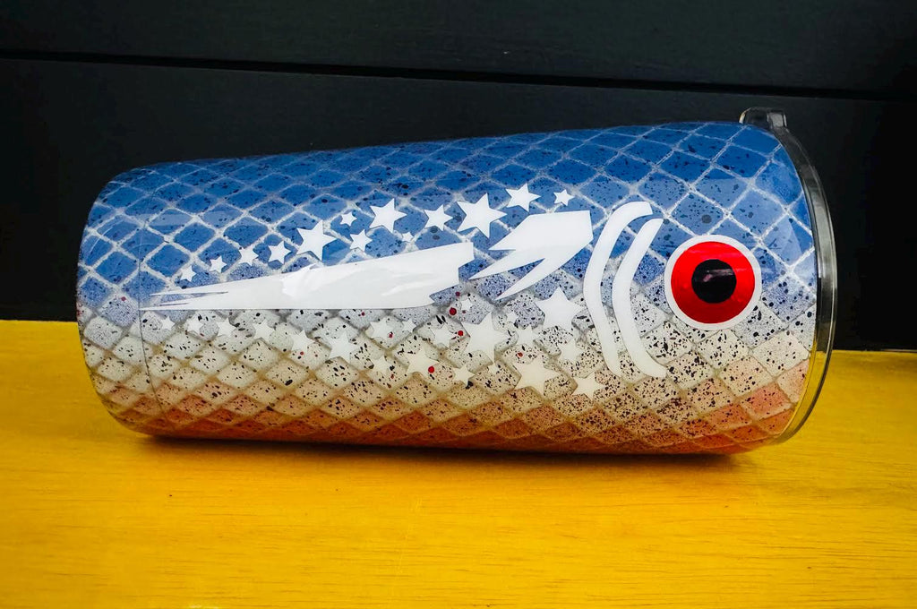 Patriotic Fish Tumbler | 20oz Red White Blue Tapered Cup | American Flag Stainless Steel Tumbler