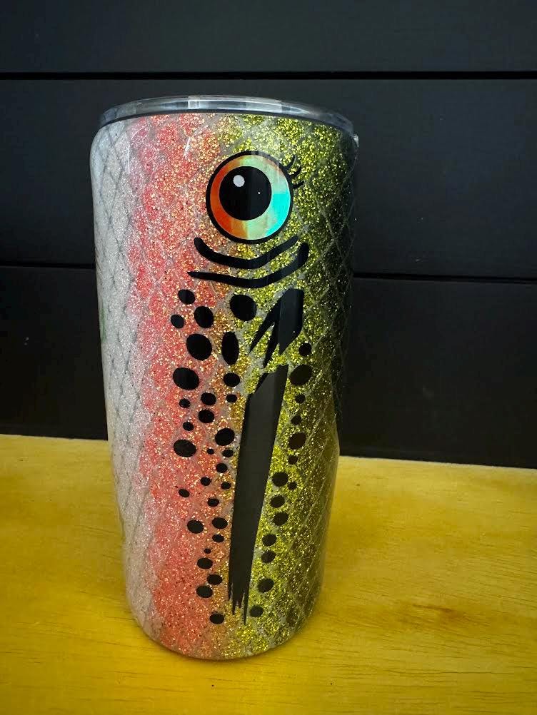 20oz Tapered Trout Fish Tumbler | Glitter or Non-Glitter Fishing Cup | Rainbow Trout Travel Mug
