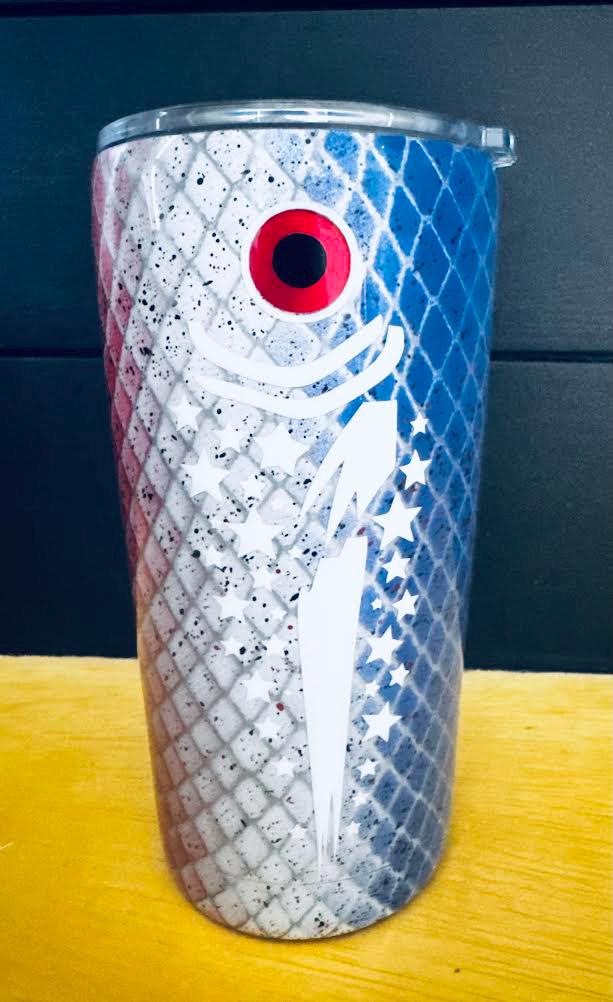 Patriotic Fish Tumbler | 20oz Red White Blue Tapered Cup | American Flag Stainless Steel Tumbler