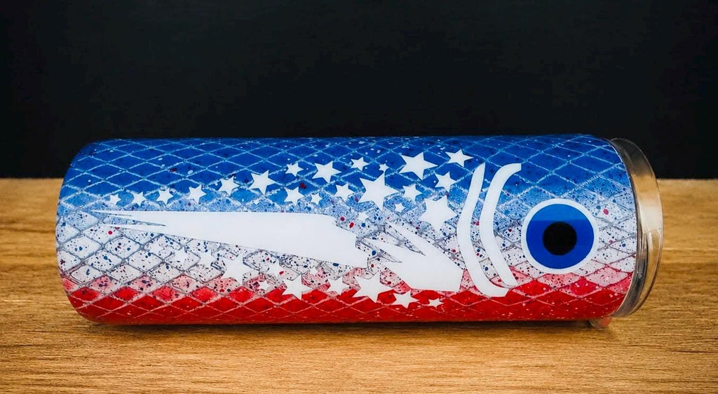 Patriotic Fish Tumbler | 20oz Red White Blue Skinny Cup | American Flag Stainless Steel Tumbler