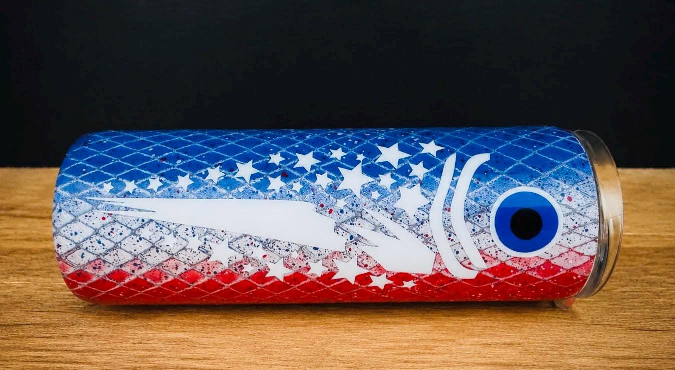 Patriotic Fish Tumbler | 20oz Red White Blue Skinny Cup | American Flag Stainless Steel Tumbler
