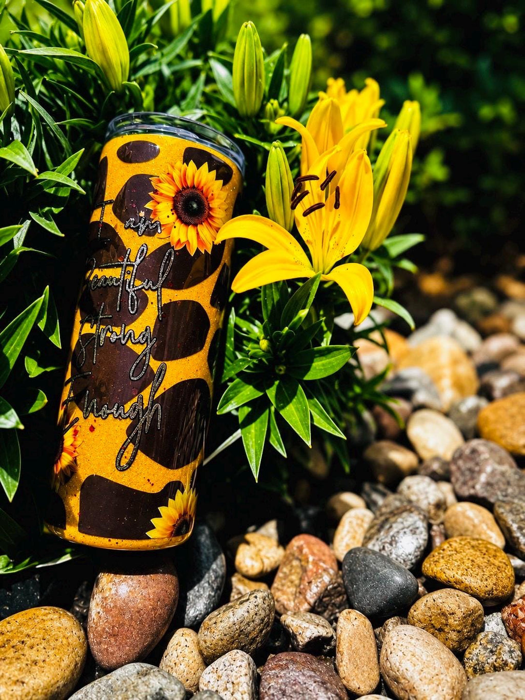 Sunflower Giraffe Print Glitter Tumbler | Inspirational Quote, Handmade Cup