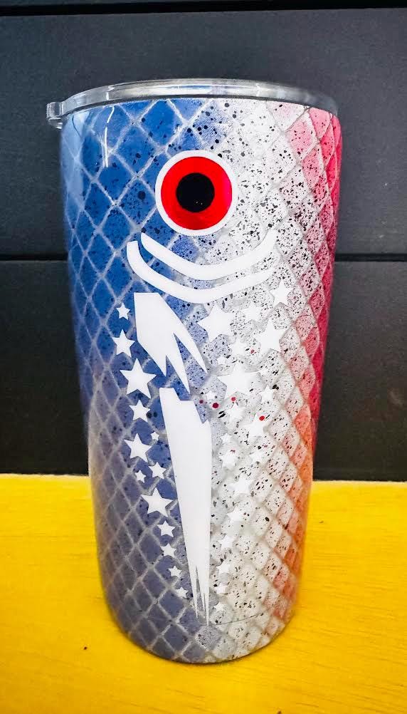 Patriotic Fish Tumbler | 20oz Red White Blue Tapered Cup | American Flag Stainless Steel Tumbler