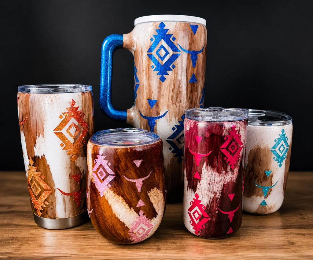 Western Cowhide Tumblers | Insulated Stainless Steel, Aztec Tribal Design